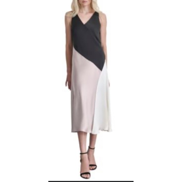 Dkny Dresses & Skirts - Body on Slip Dress DKNY Colorblock V Neck Satin MIDI  Sz 10‎ Black Pink Cream